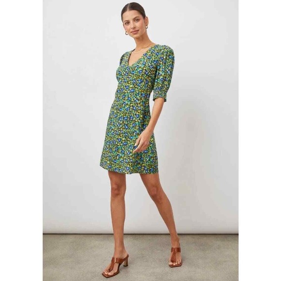 Rails Dresses & Skirts - RAILS Roma Abstract Garden Dress Women Small Blue Floral Mini V-Neck Puff Sleeve